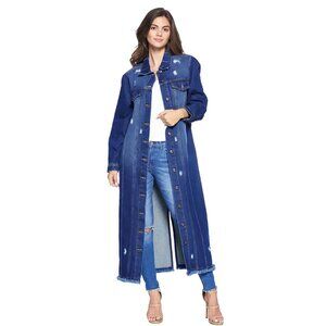 NWT Long Line Distressed Denim Coat, Button Down Denim Duster, Pockets, Dk Blue